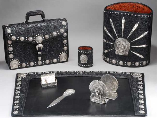 Black Hand Carved Silver Mounted Desk Set
